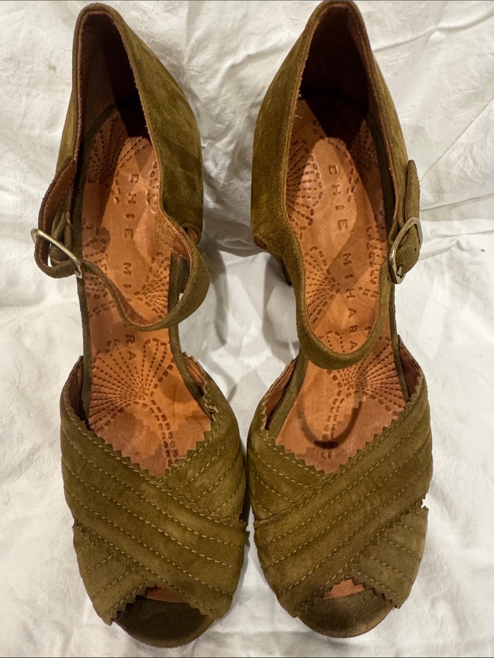 Chie Mihara Olive Suede Peep-Toe Ankle-Strap Heels never worn size 38
